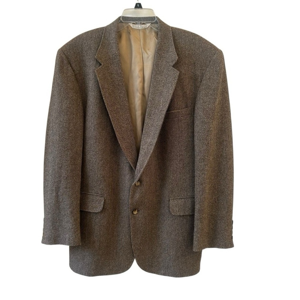 Lands' End Vintage Tweed Herringbone Brown Tan Coat Wool Blazer 46L - 2 Button - Picture 2 of 8